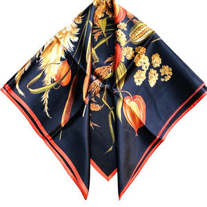 Vintage Silky Satin Scarf 26” Square Black & Autumn Colors Orange Gold 70's Chic